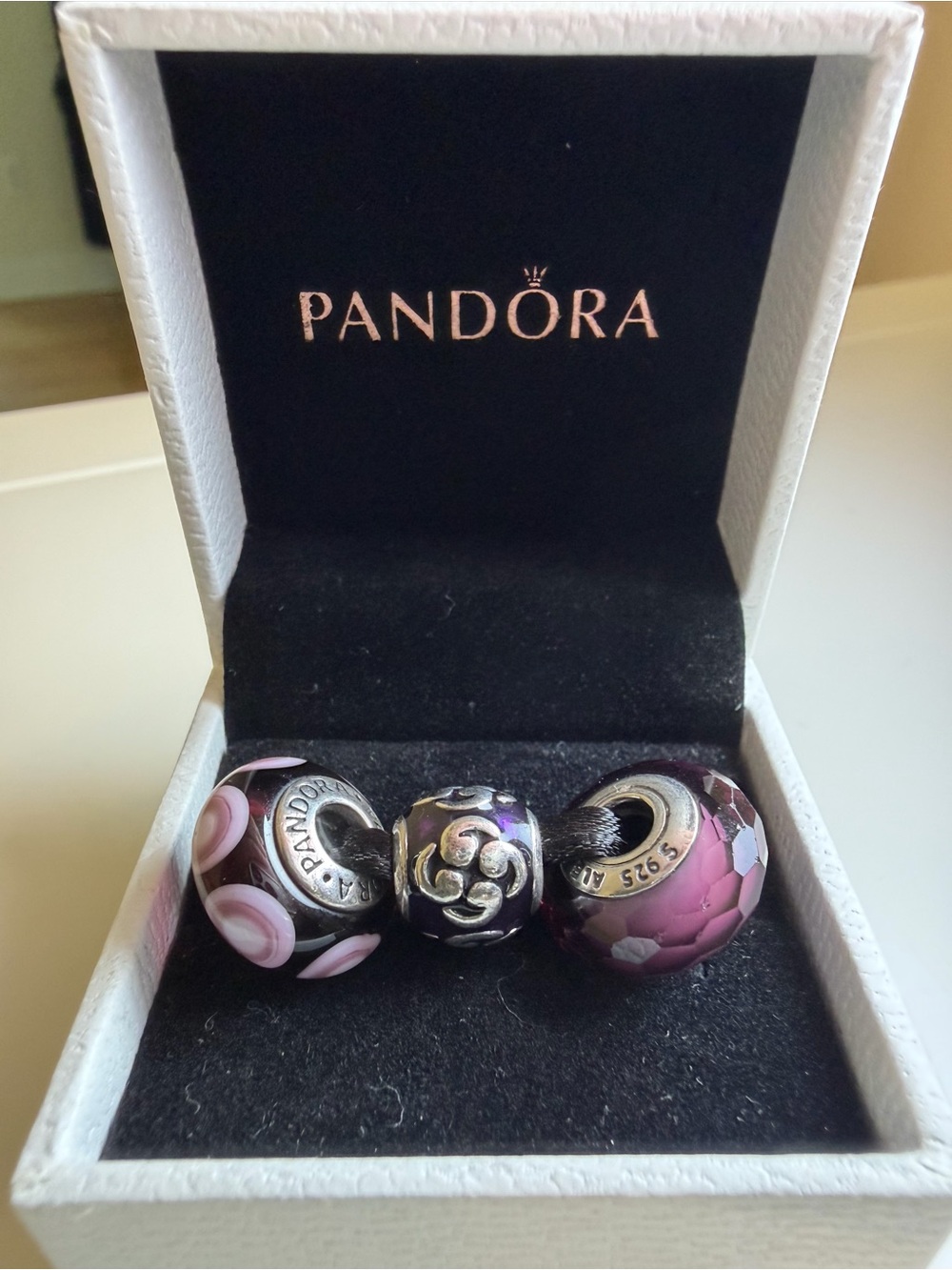 Pandora Purple Murano Glass & Sterling Silver Charm Trio - Retired Set of 3